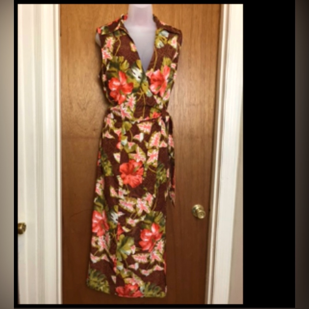 Sag Harbor Faux Wrap Tropical Print Self Belt Sleeveless Maxi Dress Size 14